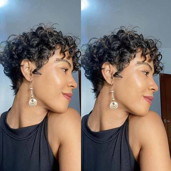 Short Curly Pixie Cut Wigs with Bangs Human Hair for Black Women Non Lace Full M